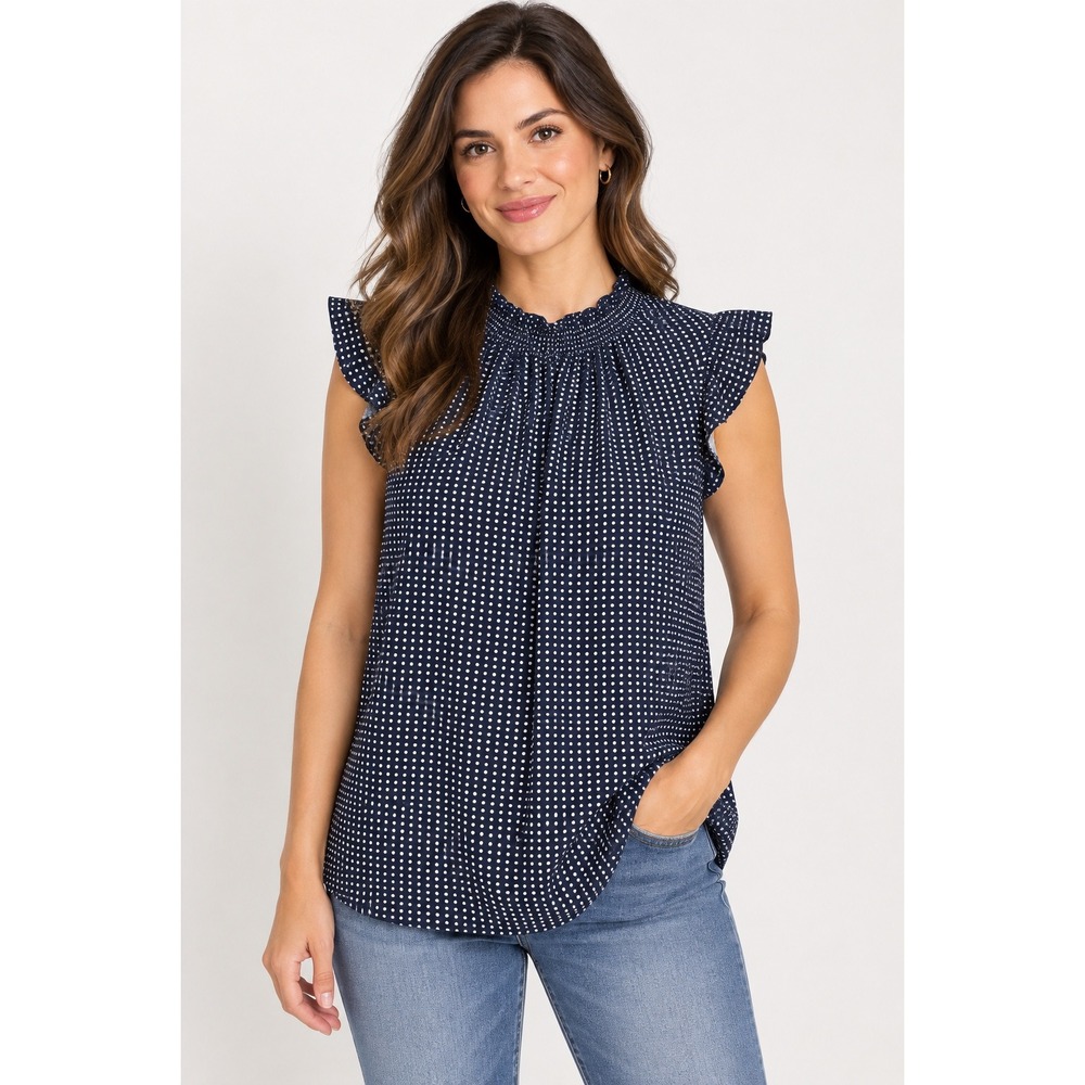 Adrianna Papell Navy Blue Polka Dot Ruffle Neck Sleeveless Blouse Medium